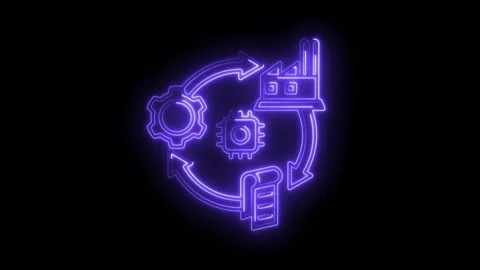 Glowing neon industrial process animation featuring cogwheel,chip,document .. Stock Footage 312331247