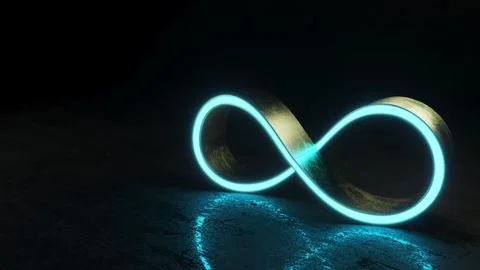 Glowing Neon Infinity Symbol on Dark Grunge Background Illustrazione stock
