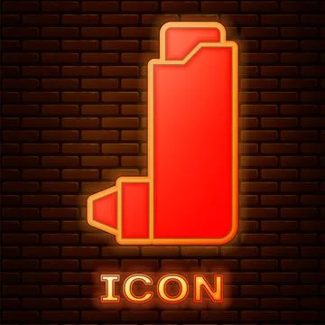 Glowing neon Inhaler icon isolated on brick wall background. Breather for cough Stock Illustration