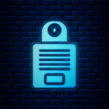 Glowing neon Intercom icon isolated on brick wall background. Vector Stock Illustration