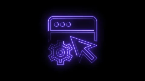 Glowing Neon Interface Icon with Gear and Cursor Symbol on Black Background.. Stock Footage 314551557