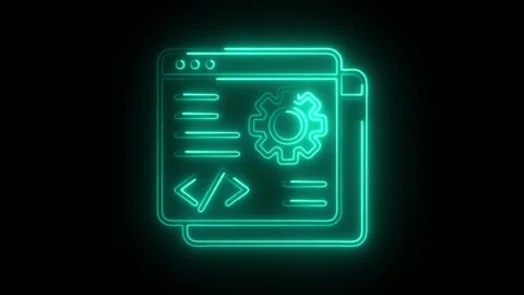 Glowing neon interface icon with gear symbol coding brackets and text lines.. Stock Footage 314713842
