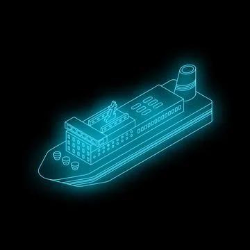 Glowing neon isometric cargo ship sailing on black background Stock Illustration