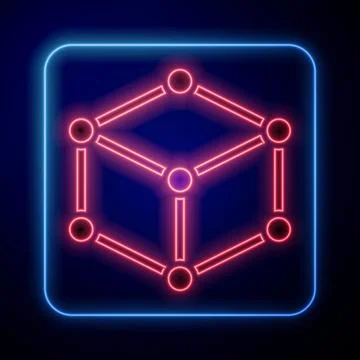 Glowing neon Isometric cube icon isolated on black background. Geometric cube 스톡 일러스트