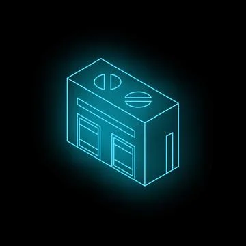 Glowing neon isometric fire station building on black background Ilustración de archivo