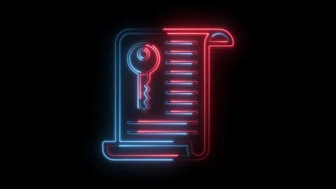 Glowing neon key and document animation on dark background for security concepts Stock Footage 322989628