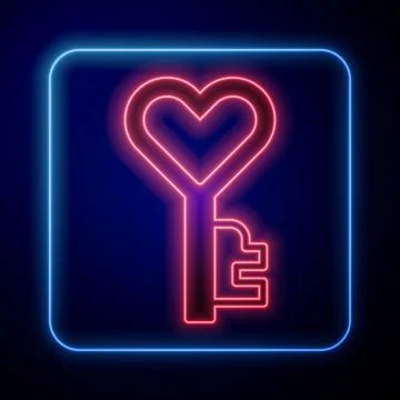 Glowing neon Key in heart shape icon isolated on black background. Happy Va.. Stock Illustration