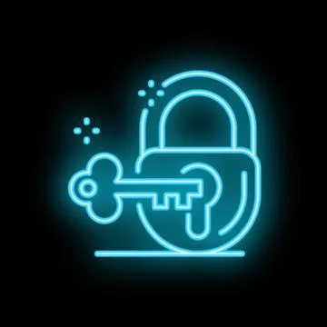 Glowing neon key unlocking padlock on black background Stock Illustration