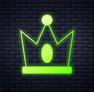 Glowing neon King crown icon isolated on brick wall background.  Vector Stock Illustration