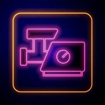 Glowing neon Kitchen meat grinder icon isolated on black background. Vector Stock Illustration