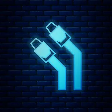 Glowing neon LAN cable network internet icon isolated on brick wall background Illustrazione stock