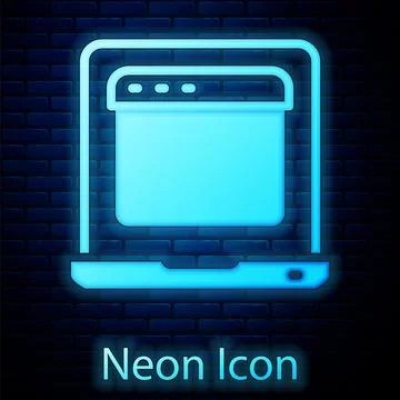 Glowing neon Laptop with browser window icon isolated on brick wall background Stock Illustration