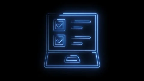 Glowing neon laptop with checkmarks and data showing digital task completion Stock Footage 322963078