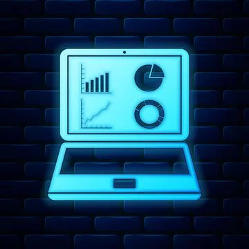 Glowing neon Laptop with graph chart icon isolated on brick wall background 스톡 일러스트