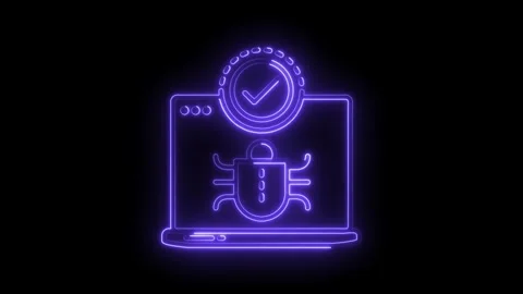 Glowing neon laptop icon security system detecting a malware virus threat Stock Footage 316672941