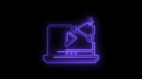 Glowing neon laptop with play button and share icon for video content creation Stock Footage 322963340