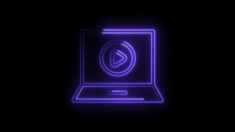 Glowing neon laptop with play button animation on dark background technology Stock Footage 322985280