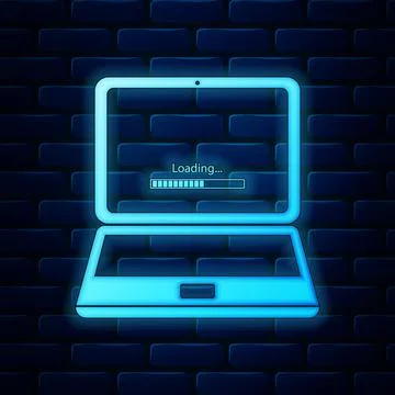 Glowing neon Laptop update process with loading bar icon isolated on brick wall Illustrazione stock