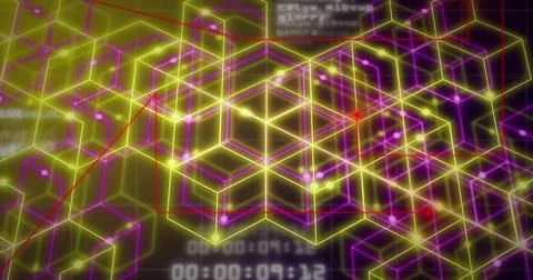 Glowing neon lattice in data field displaying bright nodes and red polyline with Stock Illustration