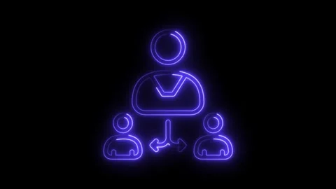Glowing neon leader delegating tasks to team members on dark background Video stock 314650067