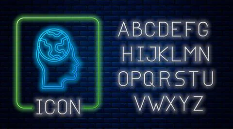 Glowing neon Learning foreign languages icon isolated on brick wall background Stock Illustration