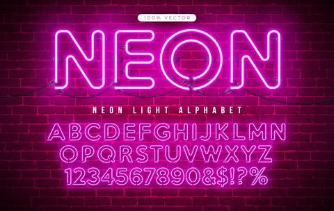 Glowing Neon Light Alphabet with Cable and Shadow on Vintage Brick Wall Backg Illustrazione stock