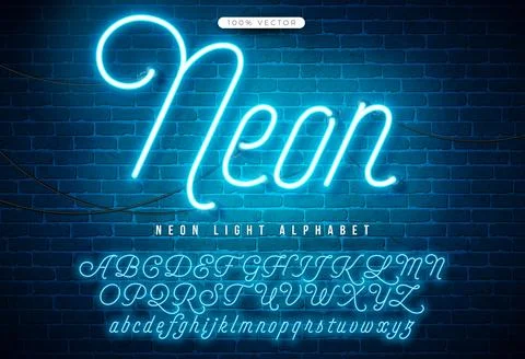 Glowing Neon Light Alphabet with Cable and Shadow on Vintage Brick Wall Bac.. Stock Illustration