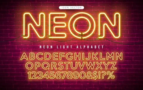 Glowing Neon Light Alphabet with Cable and Shadow on Vintage Brick Wall Bac.. Stock Illustration