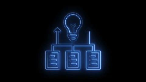 Glowing neon light bulb connecting three information documents on black Stock Footage 322961870