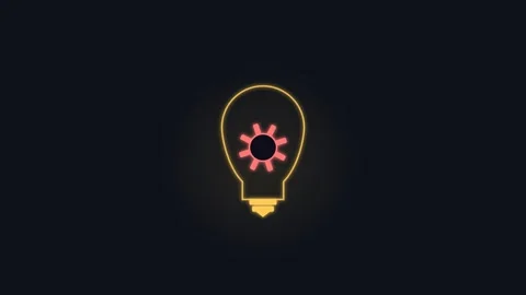 A glowing neon light bulb icon featuring a central gear symbol in the middle 库存影片 338309501