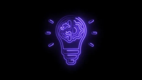 Glowing neon light bulb icon with brain inside symbolizing innovative ideas.. Stock Footage 346897813