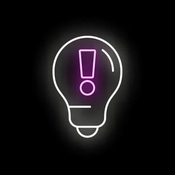Glowing neon light bulb icon with exclamation mark Stock Illustration
