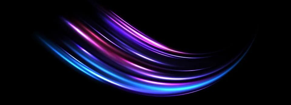 Glowing neon light trail background. Iridescent purple arch speed lines. Magic Stock Illustration