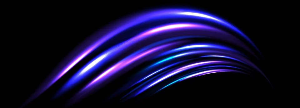 Glowing neon light trail background. Bright blue purple arc speed lines. Magic Stock Illustration