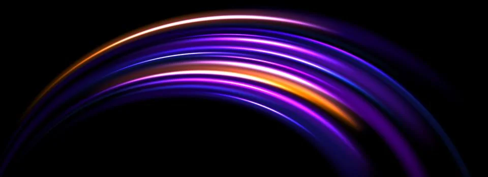 Glowing neon light trail background. Orange purple arch speed lines. Magic Stock Illustration