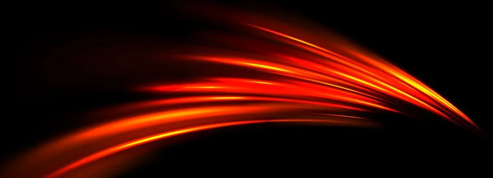 Glowing neon light trail element. Bright red orange speed line wave. Hot Stock Illustration