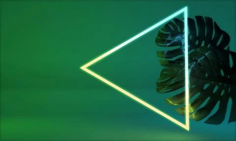 Glowing neon light with tropical monstera leaf. 3D Render Illustrazione stock