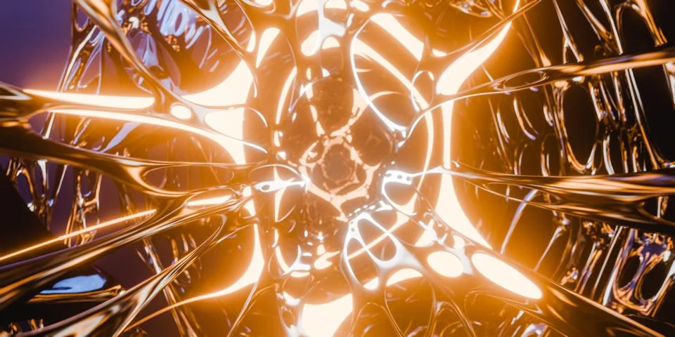 Glowing neon lights of objects moving towards endless fractal tunnel. 3d render Stock Illustration