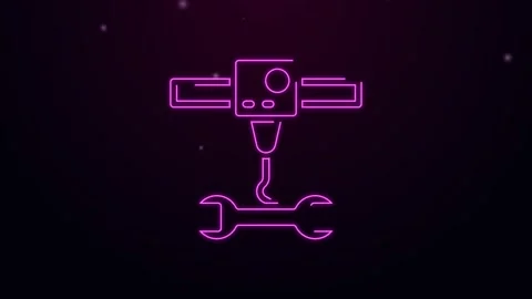 Glowing neon line 3D printer wrench spanner icon isolated on black background Video stock 155544983