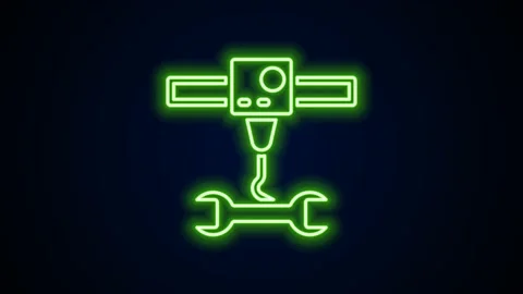 Glowing neon line 3D printer wrench spanner icon isolated on black background Video stock 155544985