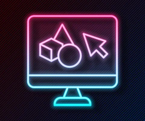 Glowing neon line 3D printer software icon isolated on black background. 3d Ilustração Stock