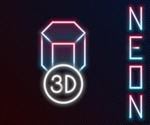 Glowing neon line 3D printer icon isolated on black background. 3d printing Stock Illustration