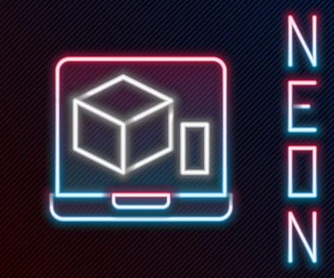 Glowing neon line 3D printer icon isolated on black background. 3d printing Illustrazione stock