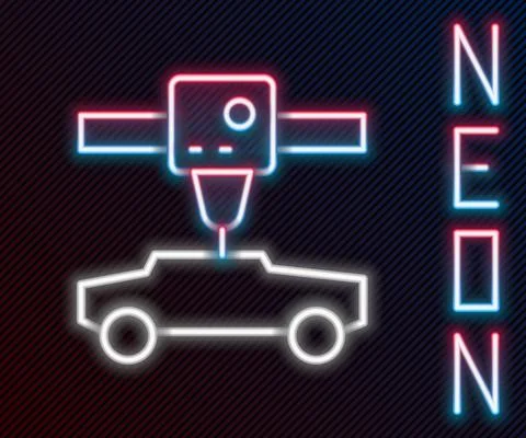 Glowing neon line 3D printer car icon isolated on black background. 3d printing Stock Illustration