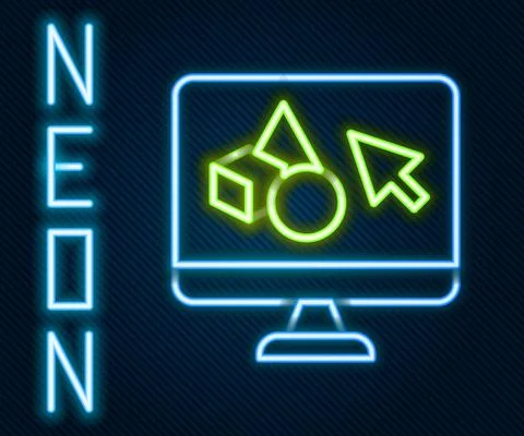 Glowing neon line 3D printer software icon isolated on black background. 3d Ilustração Stock