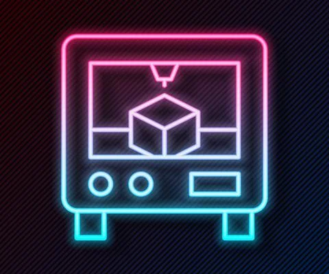 Glowing neon line 3D printer icon isolated on black background. 3d printing Illustrazione stock