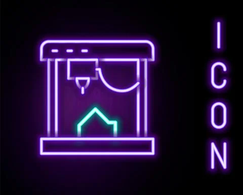 Glowing neon line 3D printer icon isolated on black background. Colorful outline Illustrazione stock