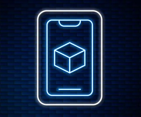 Glowing neon line 3D printer software icon isolated on brick wall background. 3d Stock Illustration