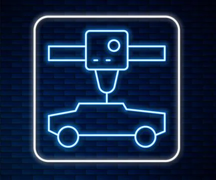 Glowing neon line 3D printer car icon isolated on brick wall background. 3d Stock Illustration