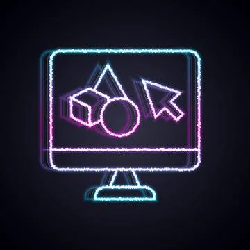 Glowing neon line 3D printer software icon isolated on black background. 3d p Stock Illustration